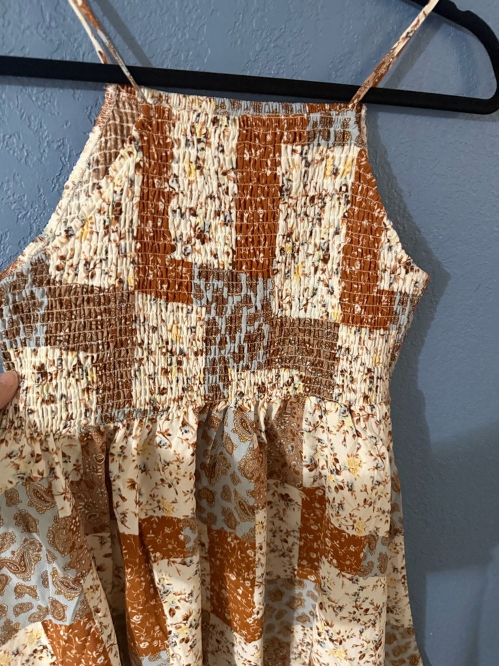 Asymmetrical Patchwork Sundress in Cream and Brown -New-Boutique - Picture 3 of 7